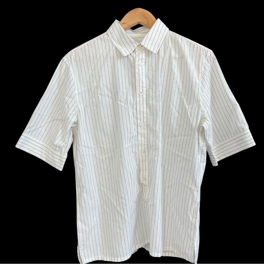 Helmut Lang S White Navy Pinstripe Cotton Popover Shirt Elbow Sleeve Designer